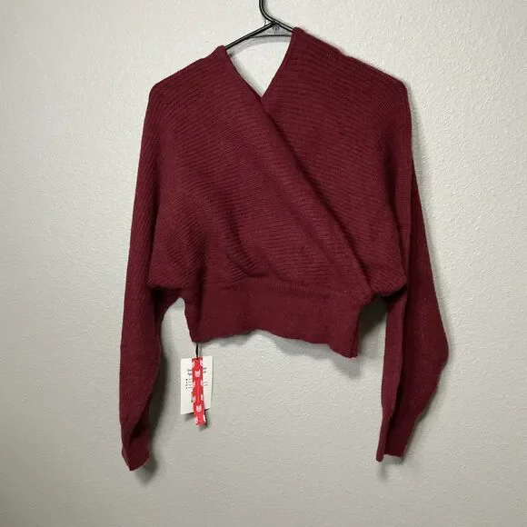 Cider Burgundy Wrap Crop Sweater NWT Size Large Ribbed Knit - Picture 2 of 10